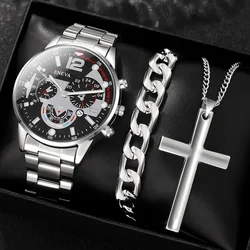 3PCS Classic business style alloy men's quartz watch with Cuban bracelet Cross necklace set Birthday gift wristband calendar