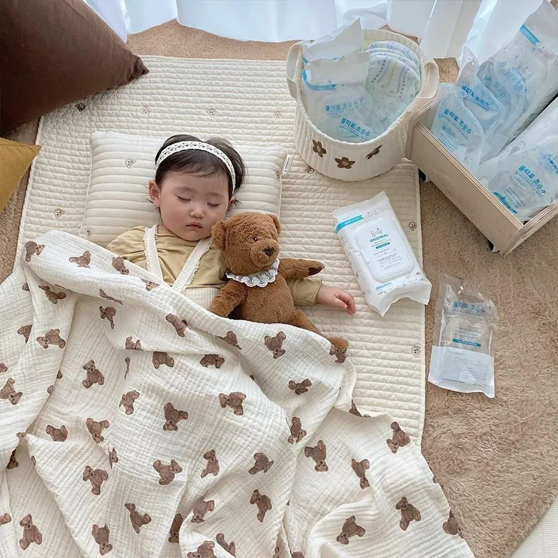 Bear embroidery printed baby blanket pure cotton gauze soft swaddle blanket children's blanket stroller blanket 90*130cm