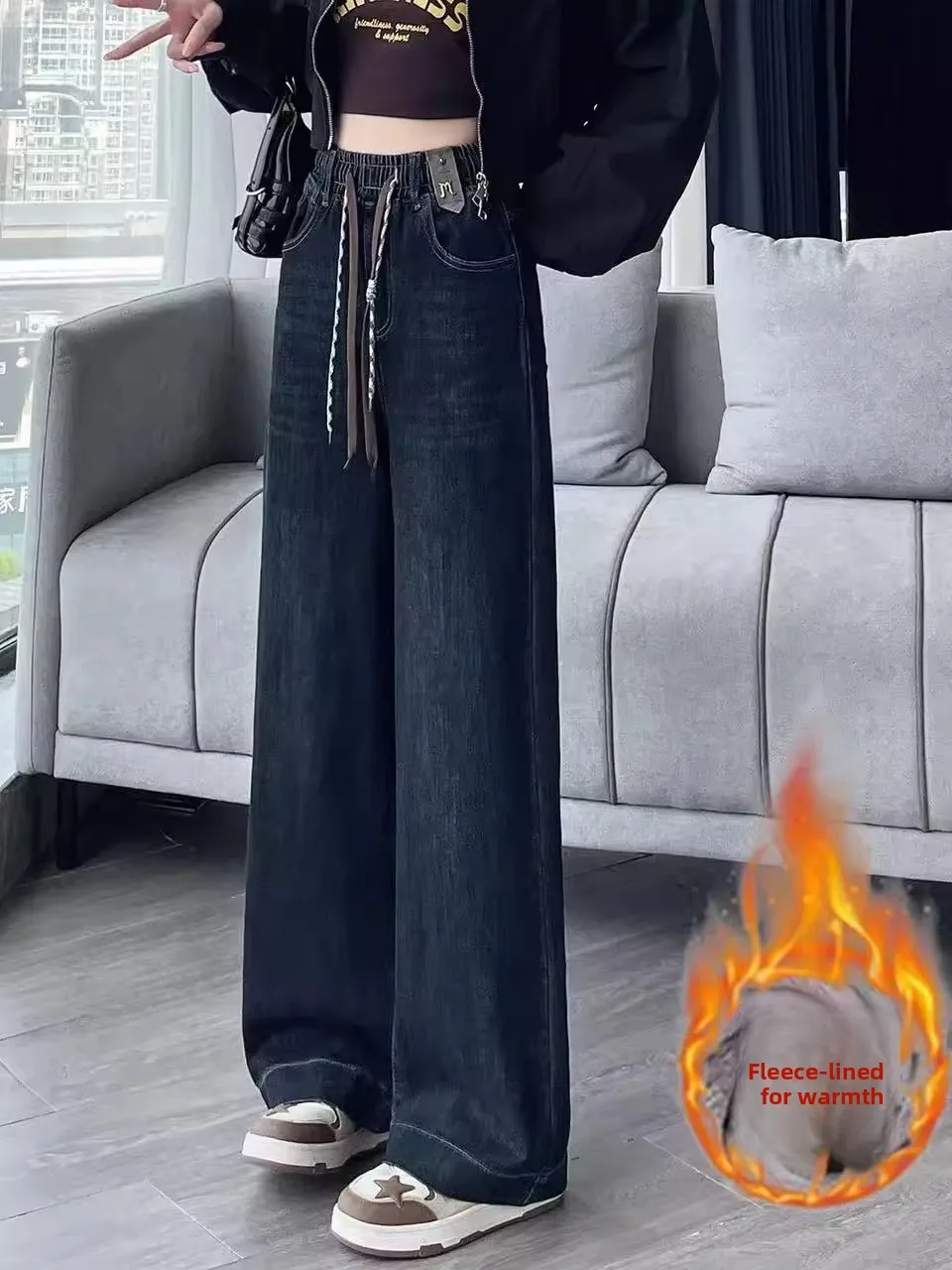 

Ретро джинсы с высокой талией, на подкладке, с широкими штанинами, женские, прямого кроя, осенне-зимние, новые, повседневные