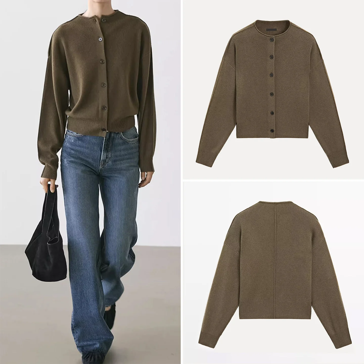 

Faionable Soft round Ne Knitted Open Cardigan Winter New Arrival Women's Commute Sle Long Sve ort Length Button up