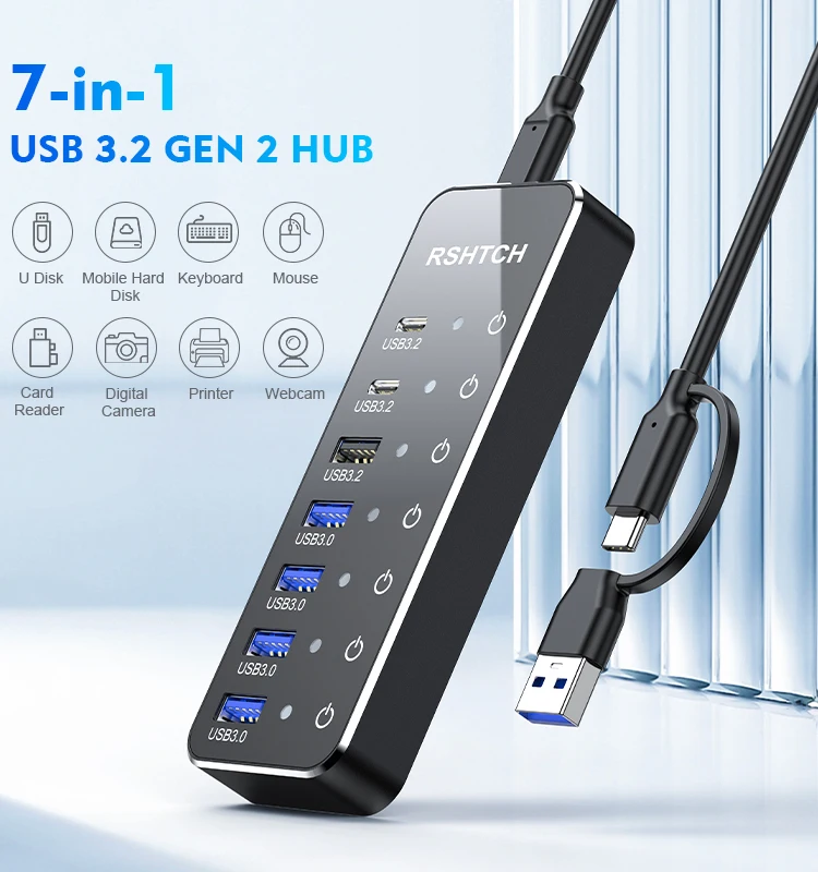 RSHTECH USB 3.2 Hub USB C Splitter Powered 10Gbps Data Hub with Individual Touch On/Off Switches USB Extension for MacBook Mac