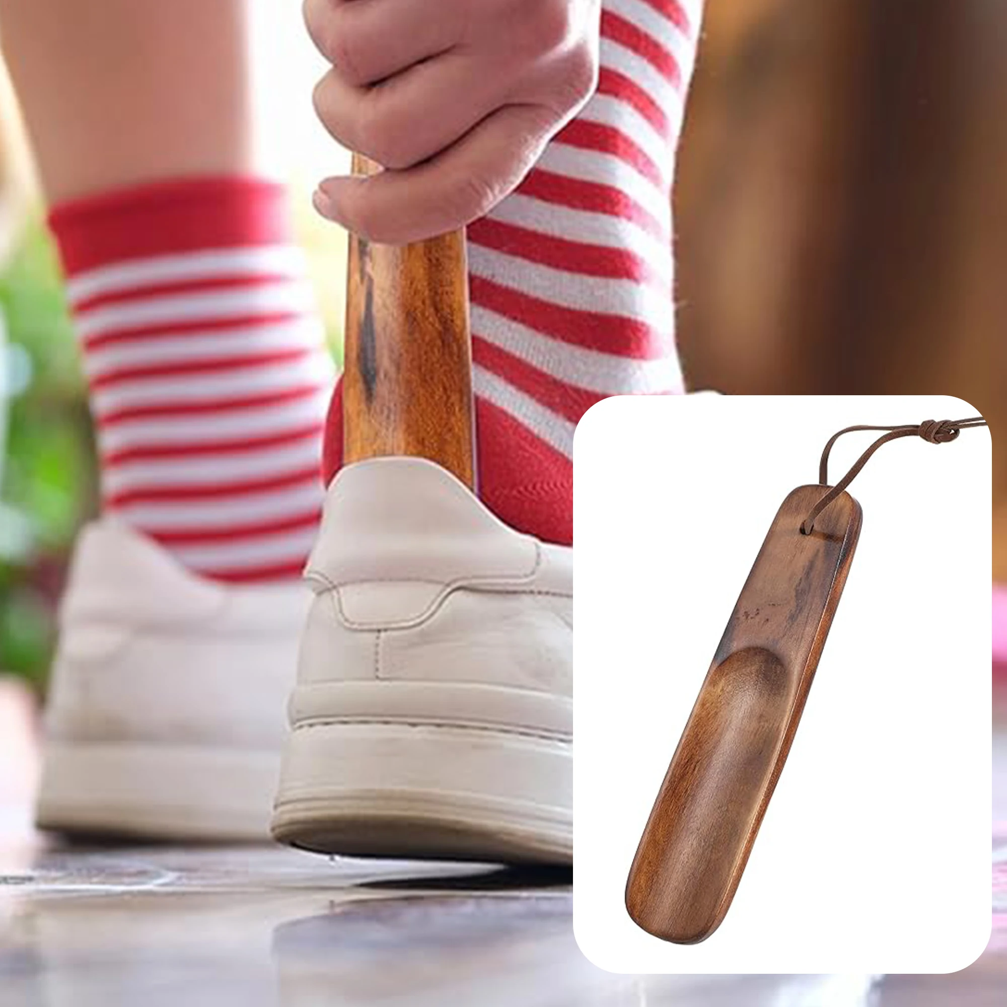 Short Handle Wood Shoe horn with Leather Strap - Comfortable Aid for Seniors, Pregnancy & Daily Use