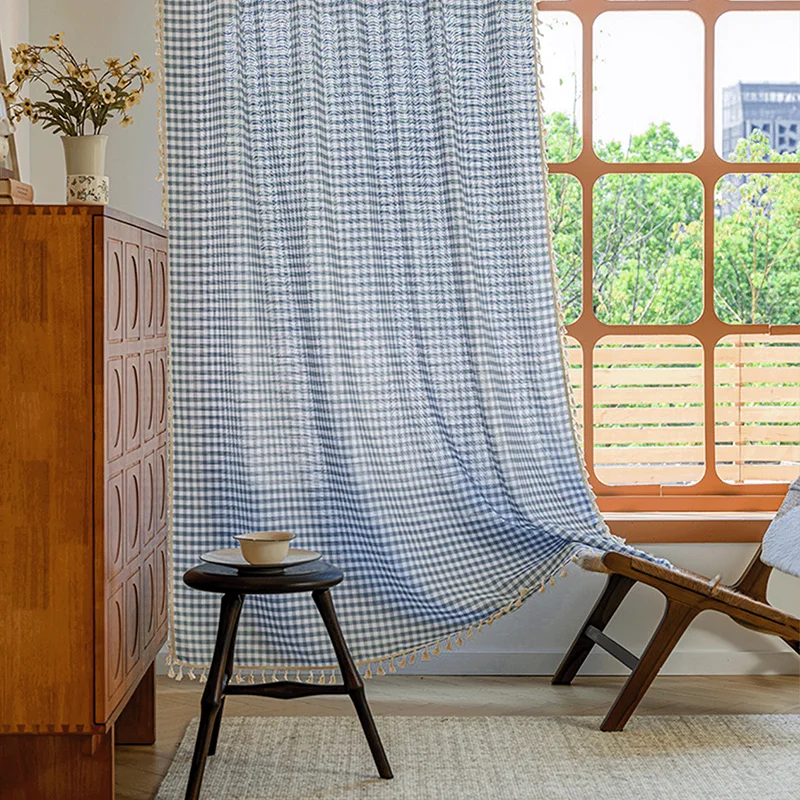 Blue Plaid Curtains with Tassel Bohemian Style 1/2 Panel Kitchen Window Decorations for Farmhouse Country Home