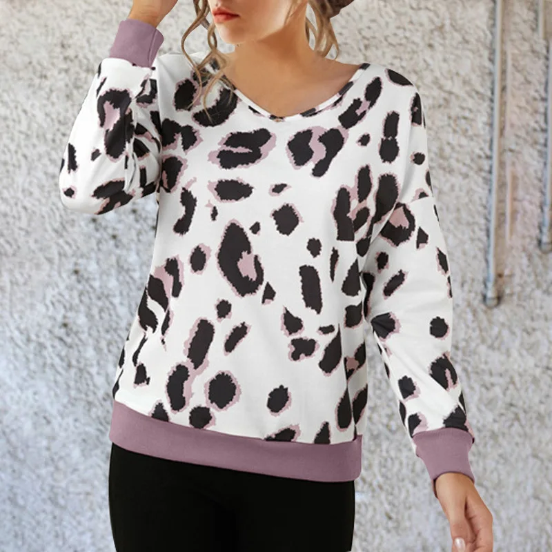 Autumn and Winter New Women's Top Leopard V-neck Long Sleeve Pullover Sweater Female and Lady Casual Tops