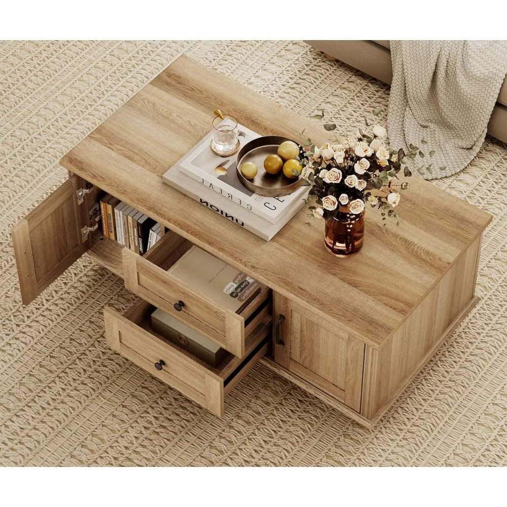 Mesa de centro rústica de madera para sala de estar, mesa central rectangular con cajones