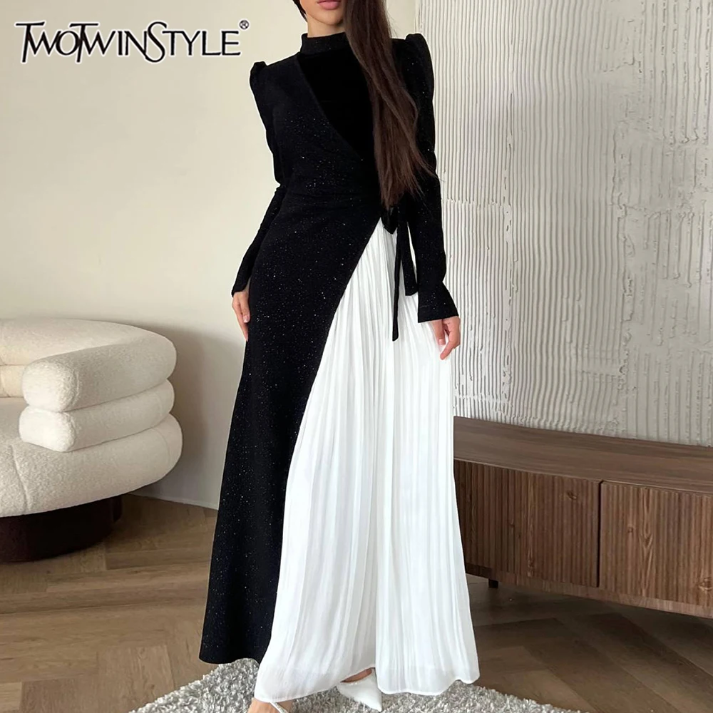 

TWOTWINSTYLE Hit Color Irregular Dresses For Women Stand Collar Long Sleeve High Waist Spliced Folds Long Dress Female Fashion