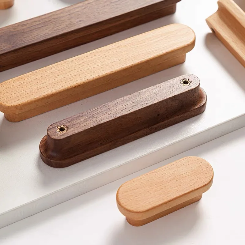 Nordic Style Walnut Wood Furniture Handles T-shaped Kitchen Drawer Handles Multi-sized Wardrobe Door Handles