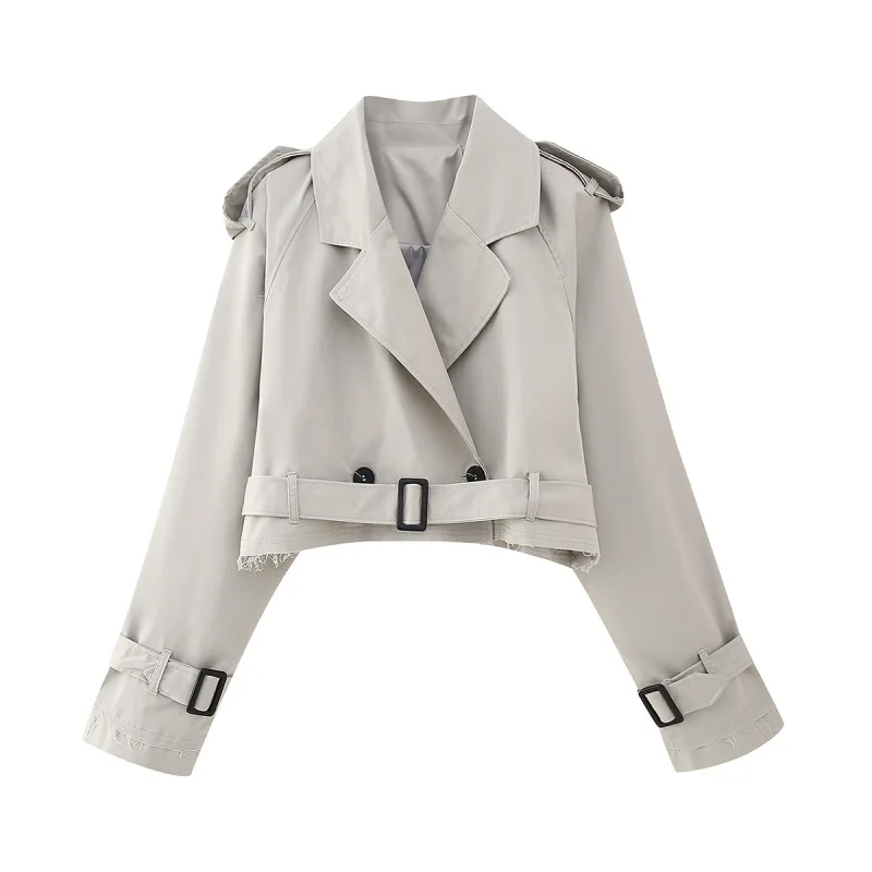 Women Fashion With Belt Cropped Trench Jacket Vintage Notched Neck Long Sleeve Female Chic Lady Coat Outfits