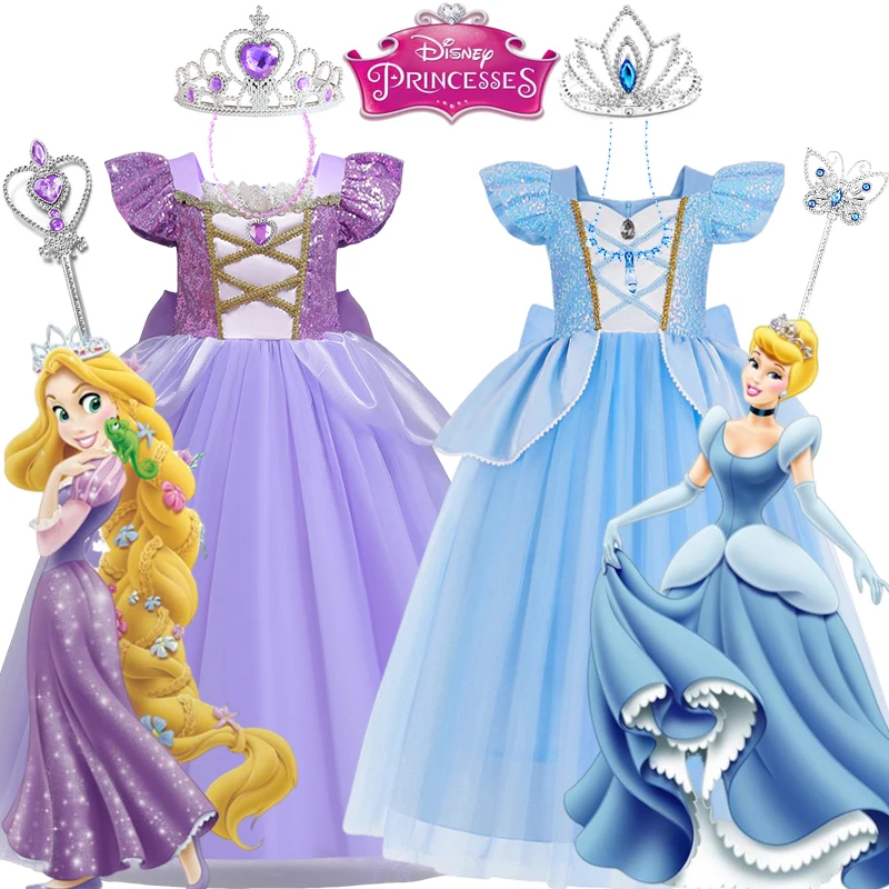 2024 New Cinderella Costume for Girls Belle Rapunzel Easter Disguise Kids Cosplay Princess Dress Baby Birthday Party Sequin Mesh