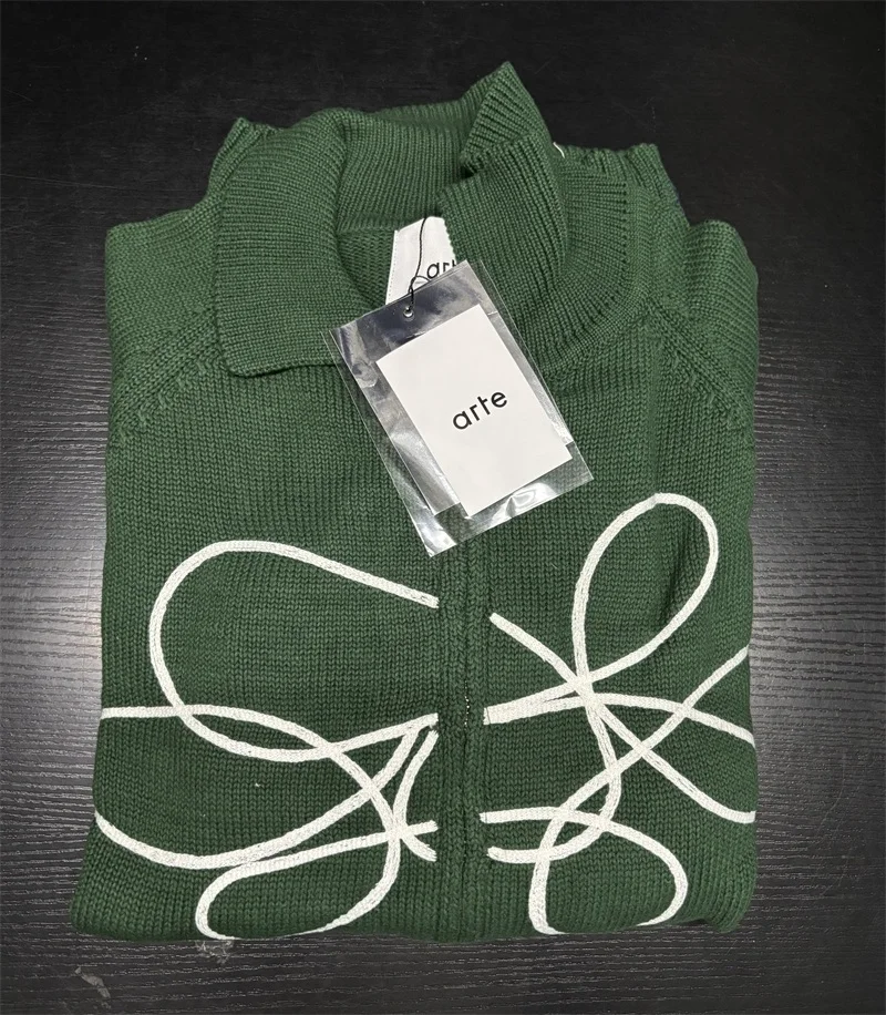 

Real Photo Arte Green Knit Cardigan Jackets Men Women 1:1 Best Quality Oversized Arte Embroidery Flower Zipper Sweaters