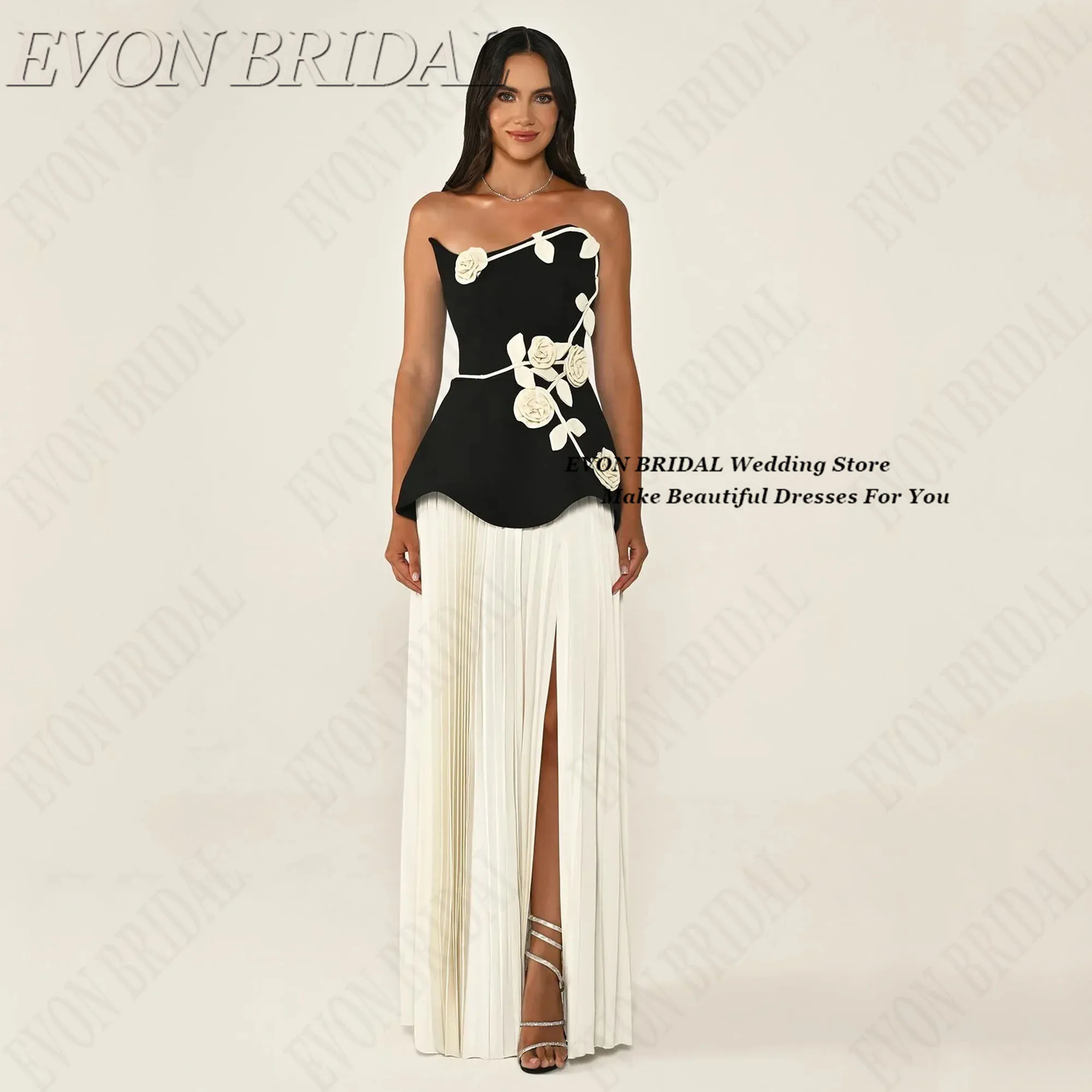 

Вечерние платья без бретелек из джерси с цветами, плиссированное длинное элегантное вечернее платье с разрезом по индивидуальному заказу, модное изысканное платье для выпускного вечера EVON BRIDAL