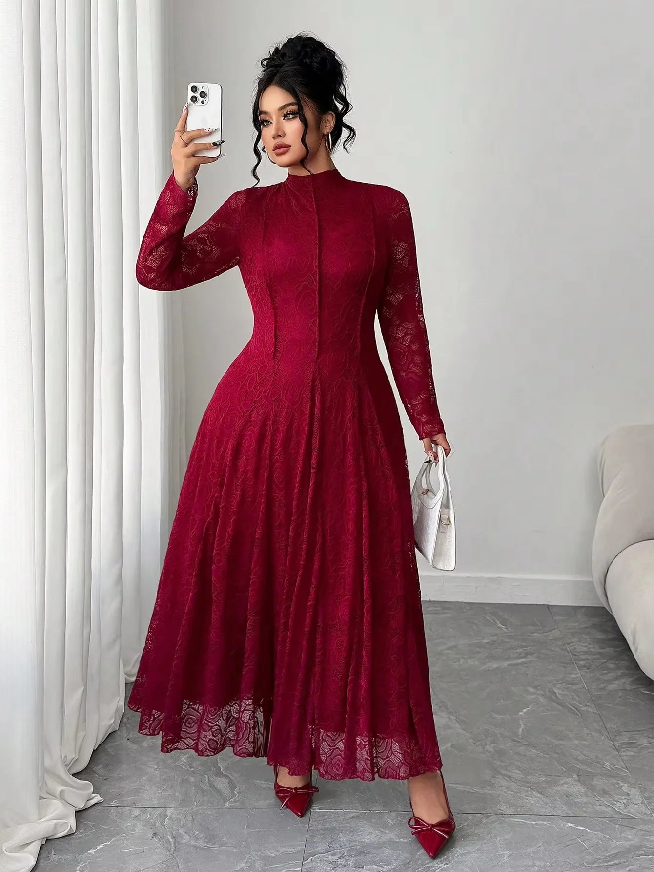 Modest high‑neck evening gown with long sleeves and flowing full skirt, loose and flattering cut. Custom sizes & plus size avail