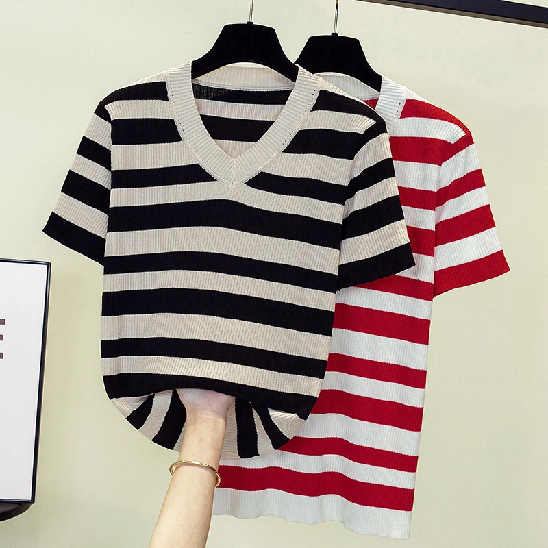 

Large Size Summer New Striped Women's V Neck Pullover Short Sleeve Loose Knitting Thin Bottom Sweater Korean FashionT-shirt