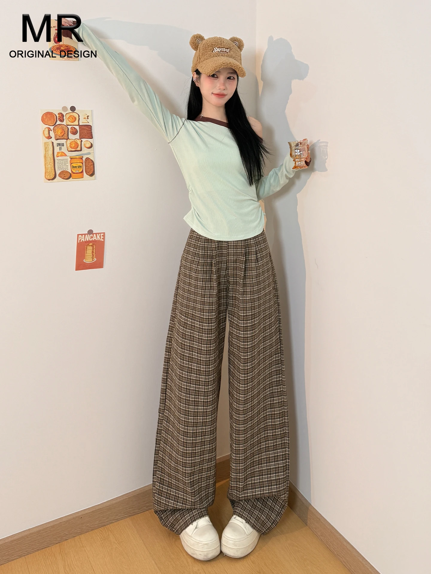 

Американские ретро-брюки в клетку с широкими штанинами, женские повседневные брюки с высокой талией, стройнящие, в расслабленном стиле, прямые брюки, летняя новинка