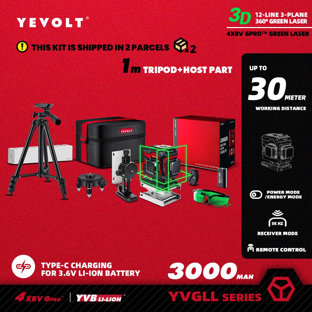 YEVOLT Green Laser Level 3-Plane 12-Line Self-leveling 360 3D Power Measuring Tool-1M Tripod - TL-YVGLL4XS12T-Series