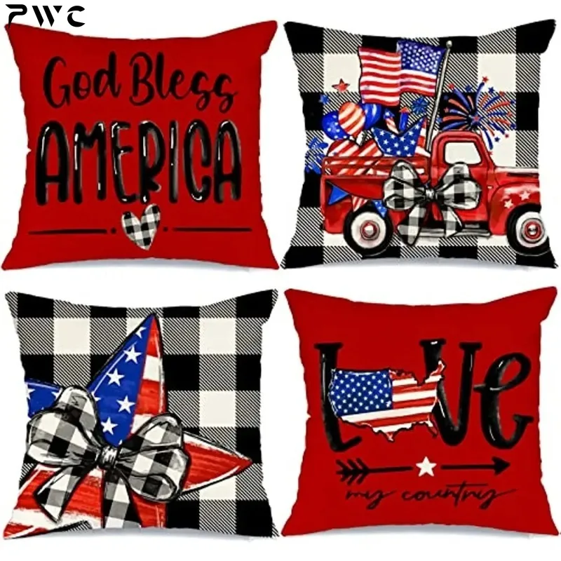 Buffalo Plaid Stars and Stripes Truck Throw Pillow Covers Patriotic Pillows Independence Memorial Day Decor Cushion Case