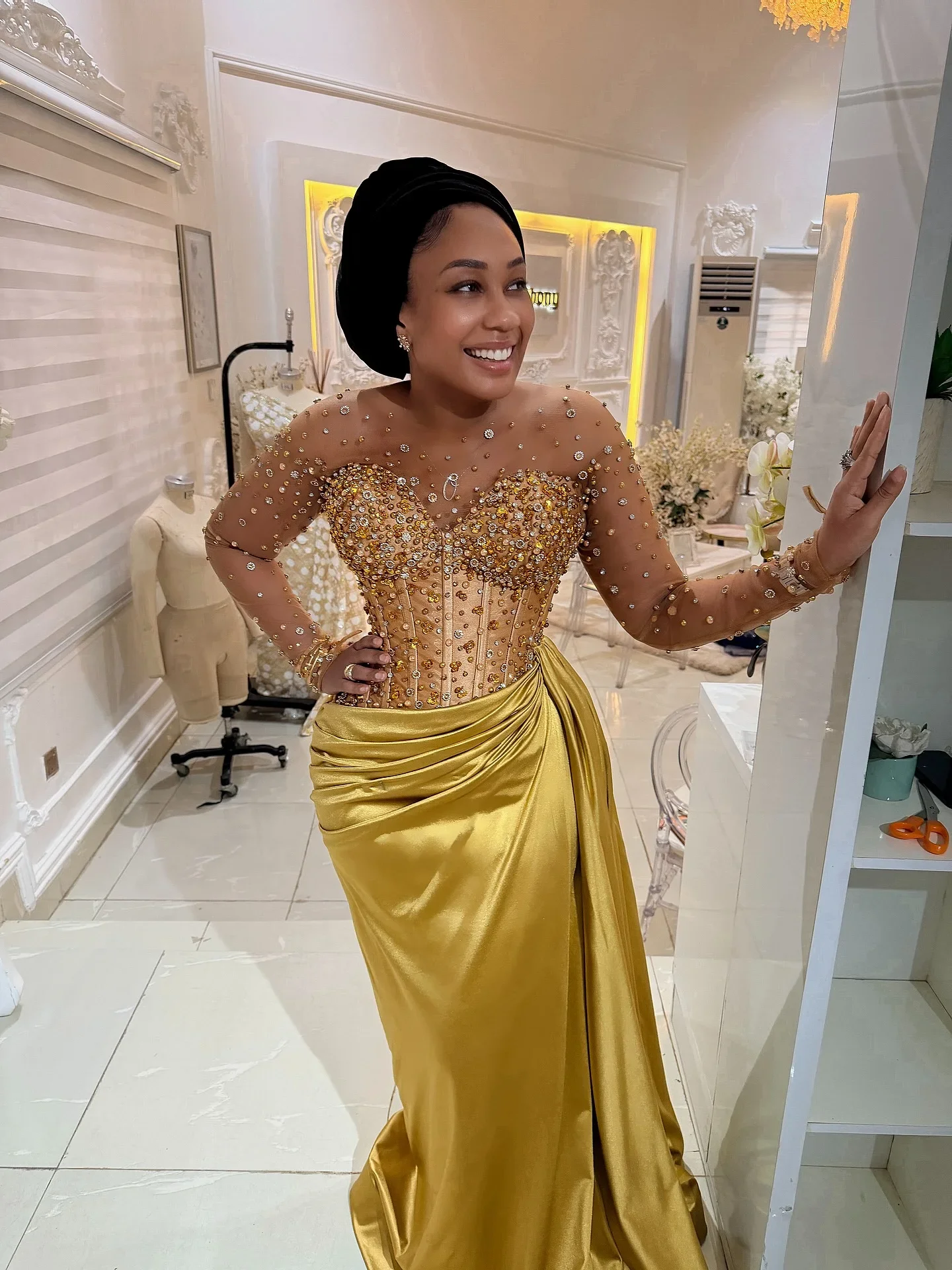 Aso Ebi Style Birthday Dress for Women Gala Sheer Long Sleeves Beading Wedding Guest Gown Luxury Golden African Evening Dresses - view 2