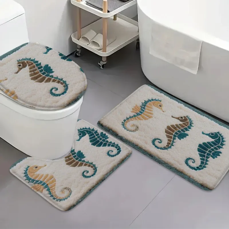 

Seahorse 3pc Bath Set Plush Rug Tub Grip U-Floor Absorb Commode Cover