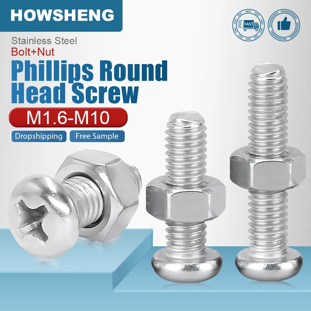 5-50 set di viti e dadi a testa tonda Phillips M1.6 M2 M3 M4 M5 M6 M8 M10 Viti a testa croce in acciaio inossidabile