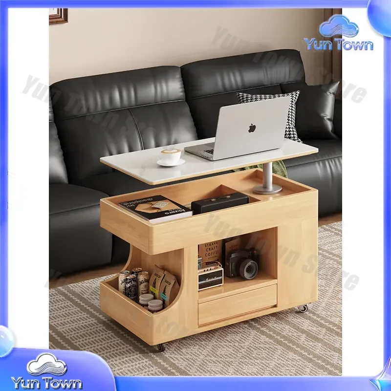 Solid Wood Mobile Coffee Table for Small Apartment Living Room Sofa Side Cabinet Lift Top Snack Trolley Bus Side Table Home
