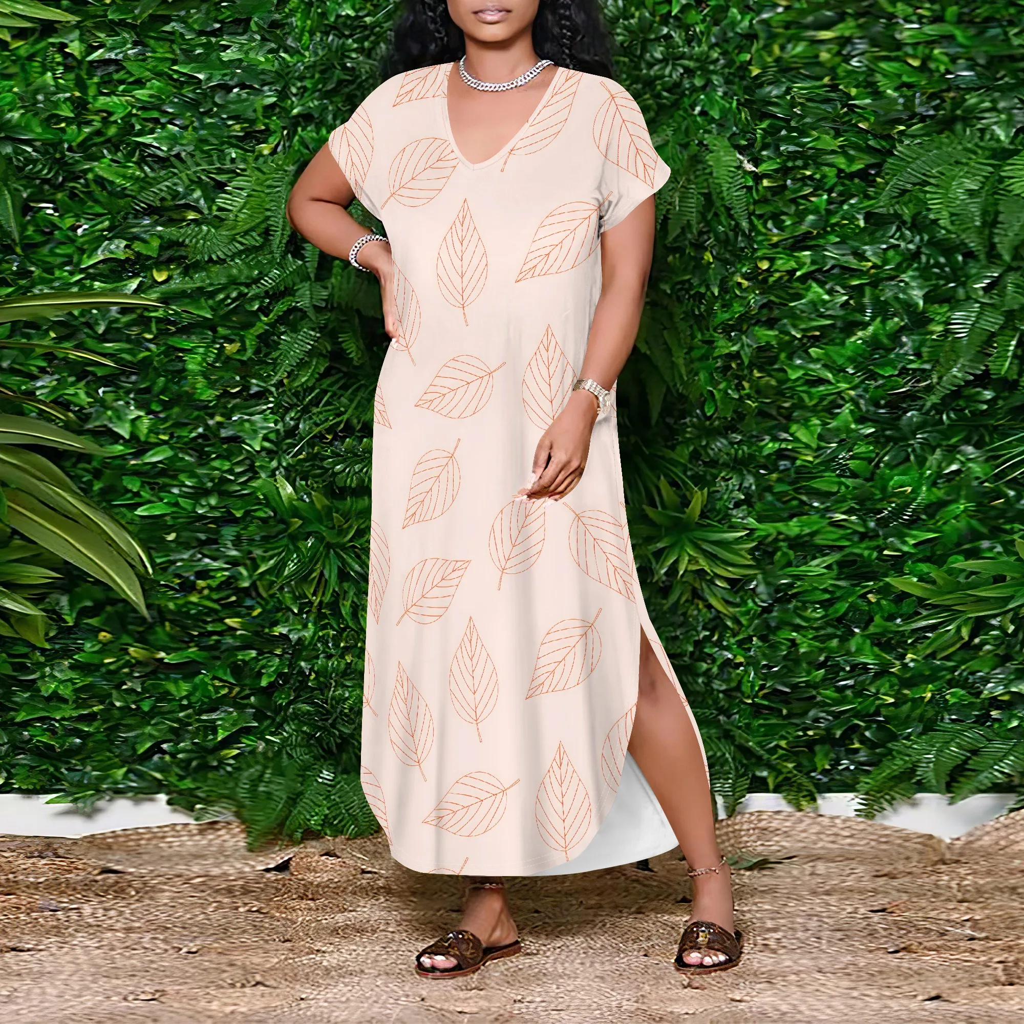 Boho บทคัดย่อพิมพ์ชุด Maxi หลวมปิดไหล่ฤดูร้อนชุดผู้หญิงลําลองแขนสั้น Beachwear