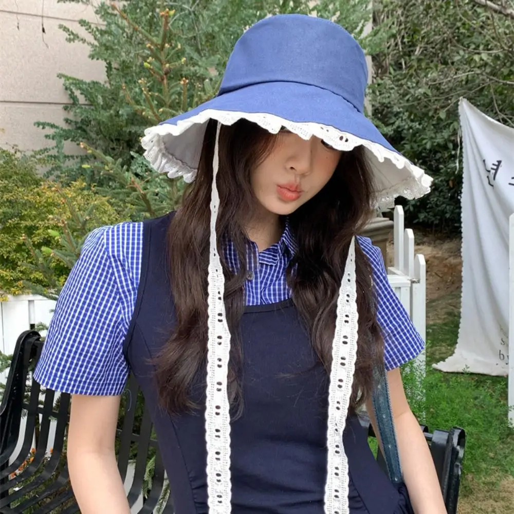 

Elegant Sweet Cowboy Fisherman Hat Big Brim Foldable Lace Ribbon Hat French Style Beach Women's Sun Hat Girls