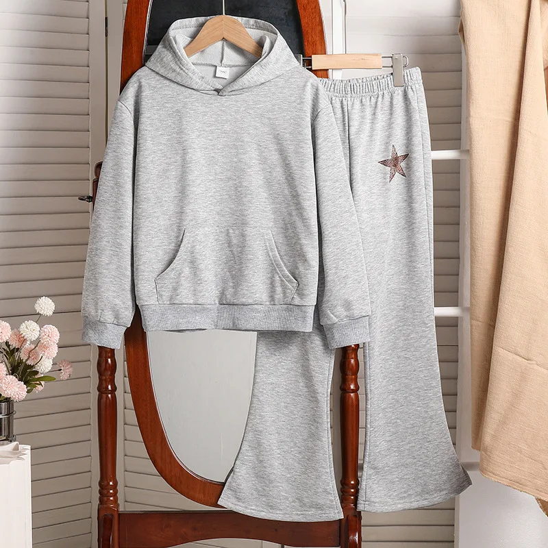 

2024 Clothing Set Girls Long Sleeve O Neck Print Star Hoodies Gray Flare Pants Cute 2 Pcs Sets Casual Girls Clothes Set 8-12T