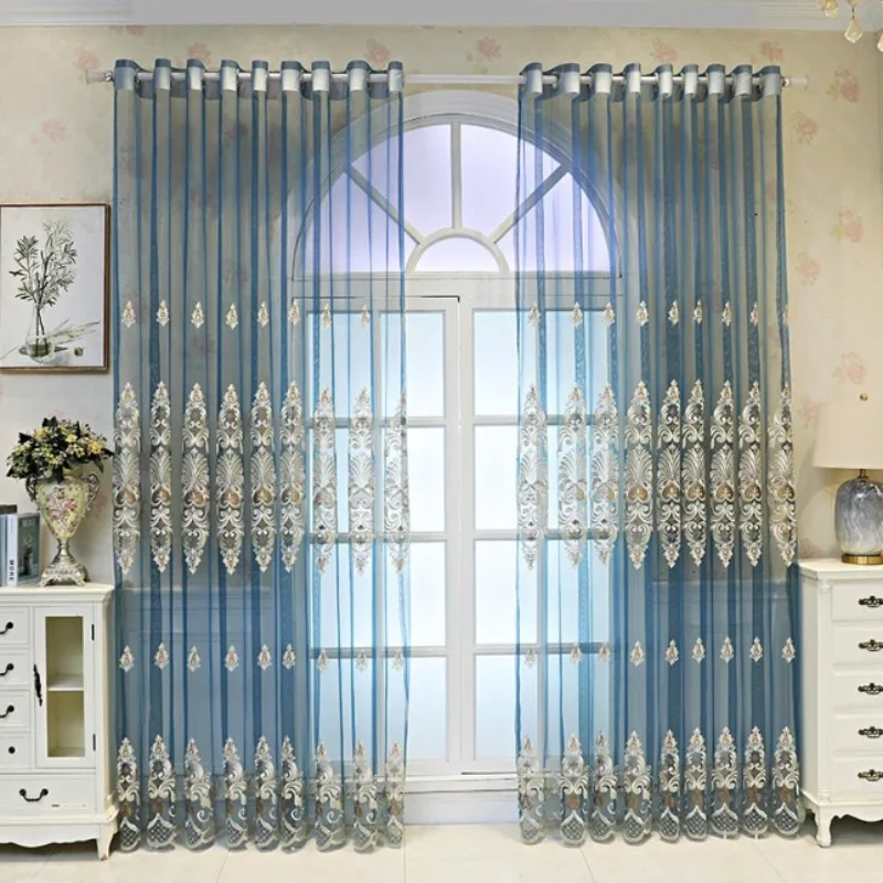 European High-end Atmospheric Blue Embroidered Four-season Gauze Curtains for Living Room, Bedroom and Balcony Curtains