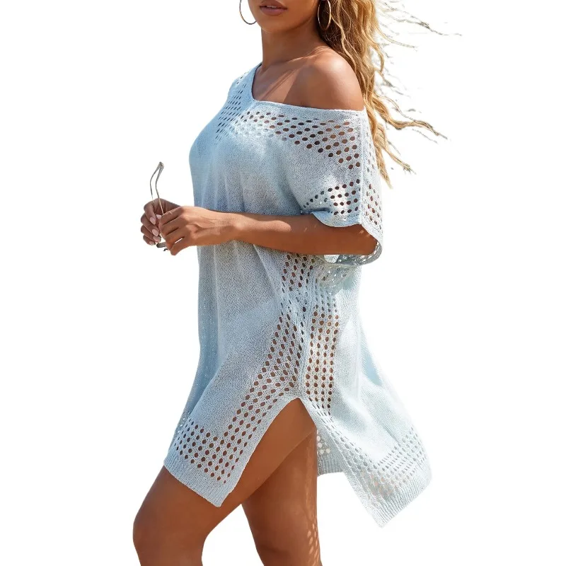 2026 New Summer Casual V-Neck Hollow Knit Loose Splice Dress Beach Vacation Cover-Up