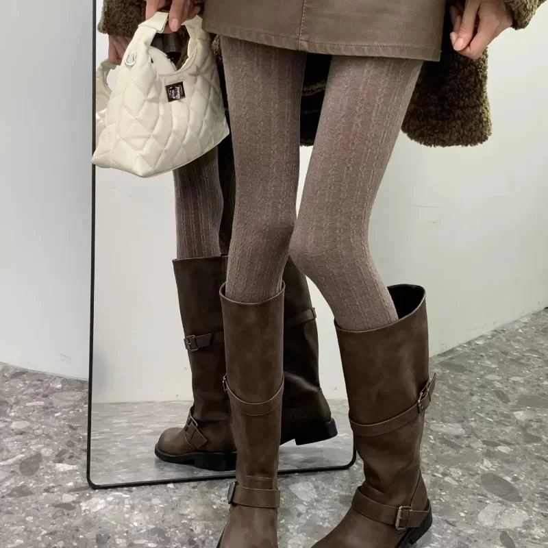 Винтажные термоколготки в полоску с узором для девочек, универсальные утягивающие колготки, женские осенне-зимние домашние теплые утягивающие леггинсы