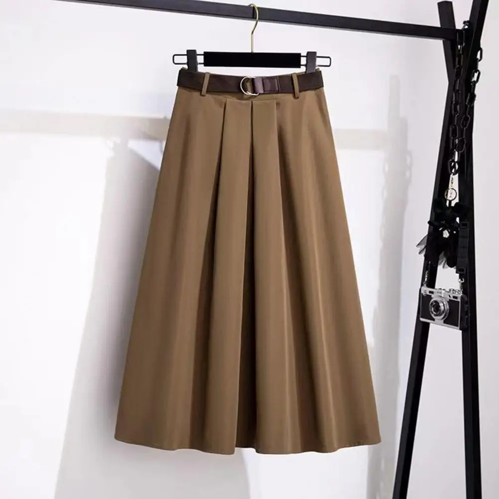 Women Midi Skirt Solid Color High Waist Large Hem Design A-Line Skirt with Belt Soft Breathable Draped Skirt
