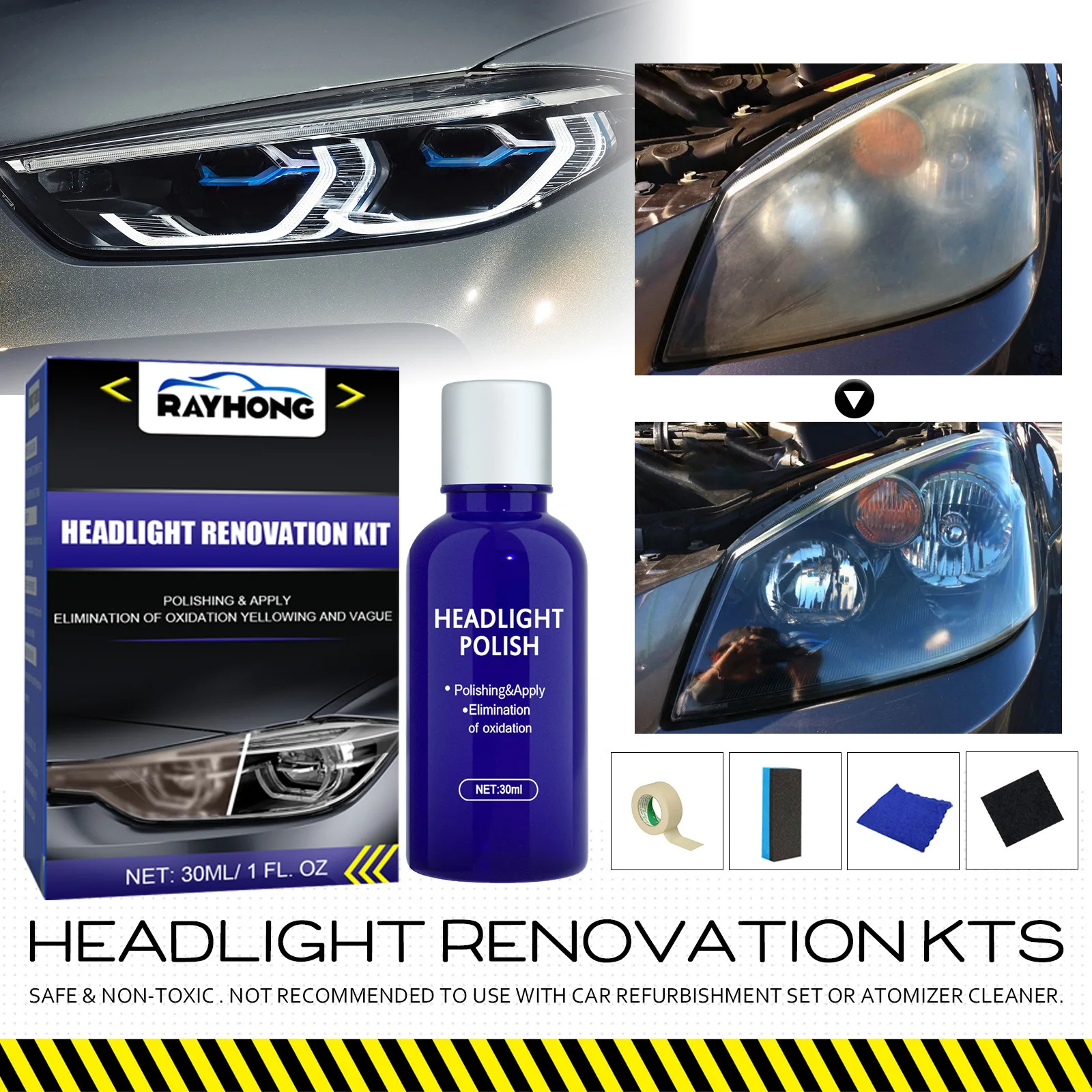 

30ml Car Headlight Restoration Kit - Helps Repair Yellowed & Foggy Lights, Includes Coating Liquid for DIY Headlight Renewal