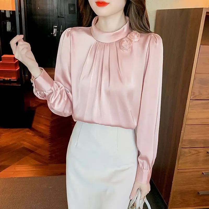 Elegant Solid Color Spliced Flowers Folds Blouse Women Clothing 2022 Autumn New Loose Casual Pullovers Fashion Office Lady Shirt