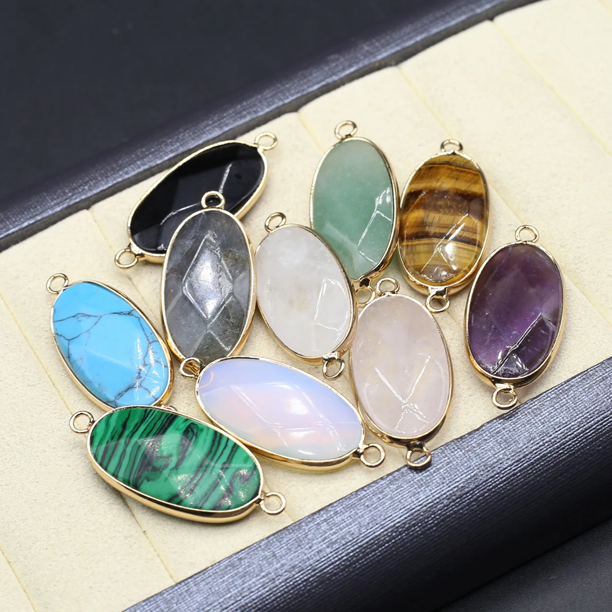 10PCS Wholesale Natural Stone Random Color Oval Connector Pendant 38x16mm Jewelry Making DIY Necklace Earrings Accessories Gift