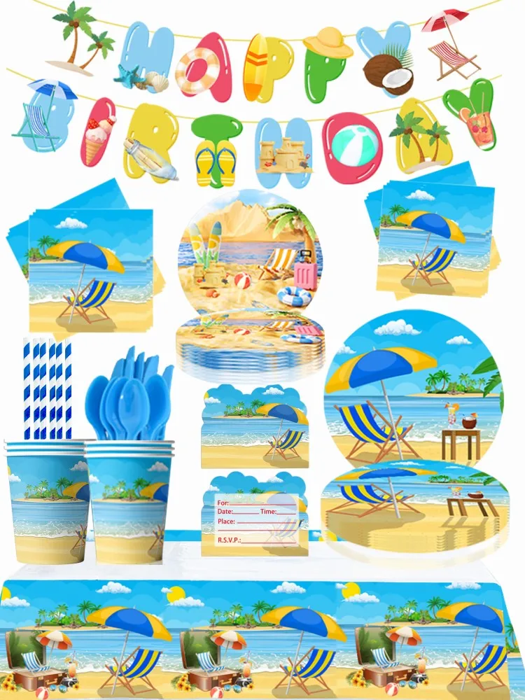 Hawaii Beach Party Decorations Baby Shower Disposable Tableware Set Favor Banner Cup  Balloons Tablecloth Summer Party Supplies