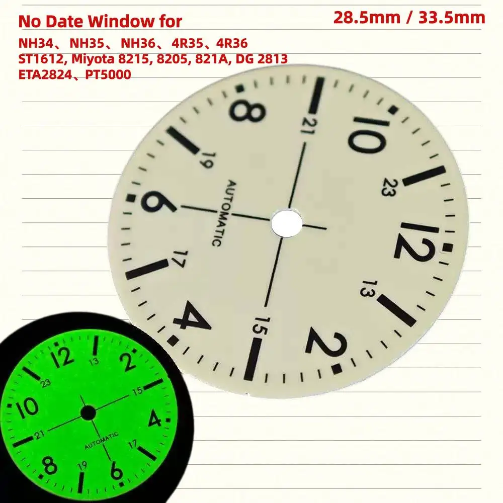 28.5mm 33.5mm pilot's Watch Dial Fully C3 Green Luminous NH35 Day Date PT5000 Literal Fits for SKX Watch ST1612 ETA 2824 Move