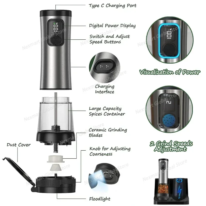 Electric Pepper Grinder with Ceramic Core, Household Kitchen Spice Mill with External Coarseness Adjustment for Fresh Grinding