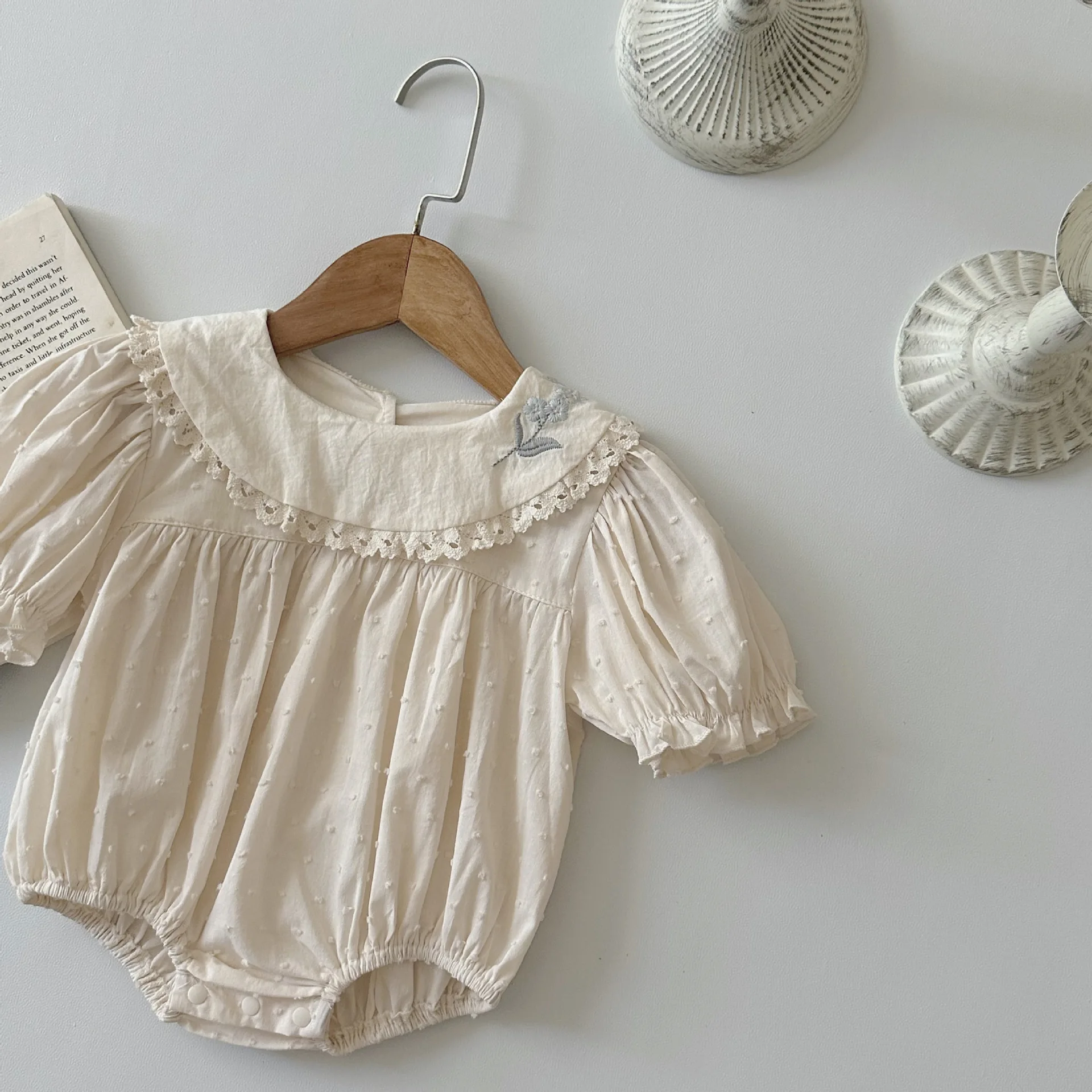 2024 Summer New Baby Girl Flower Embroidery Lapel Bodysuit Newborn Toddler Clothes Infant Girl Short Sleeve Dot Jumpsuit 0-24M