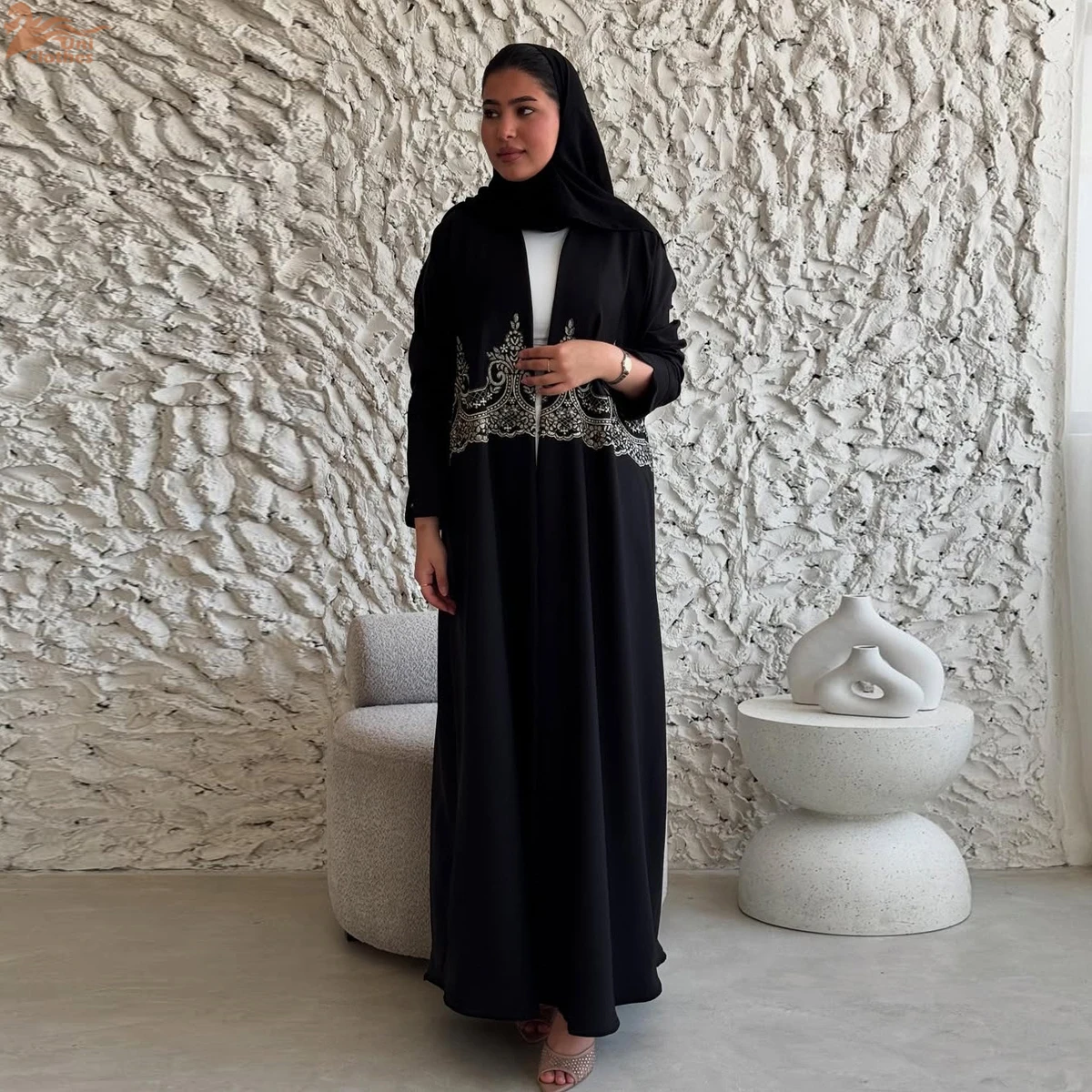 

Uni 2025 Islamic Clothing Lace Appliques Luxury Abaya Dubai Kimono Modest Open Abaya Women Muslim Dress