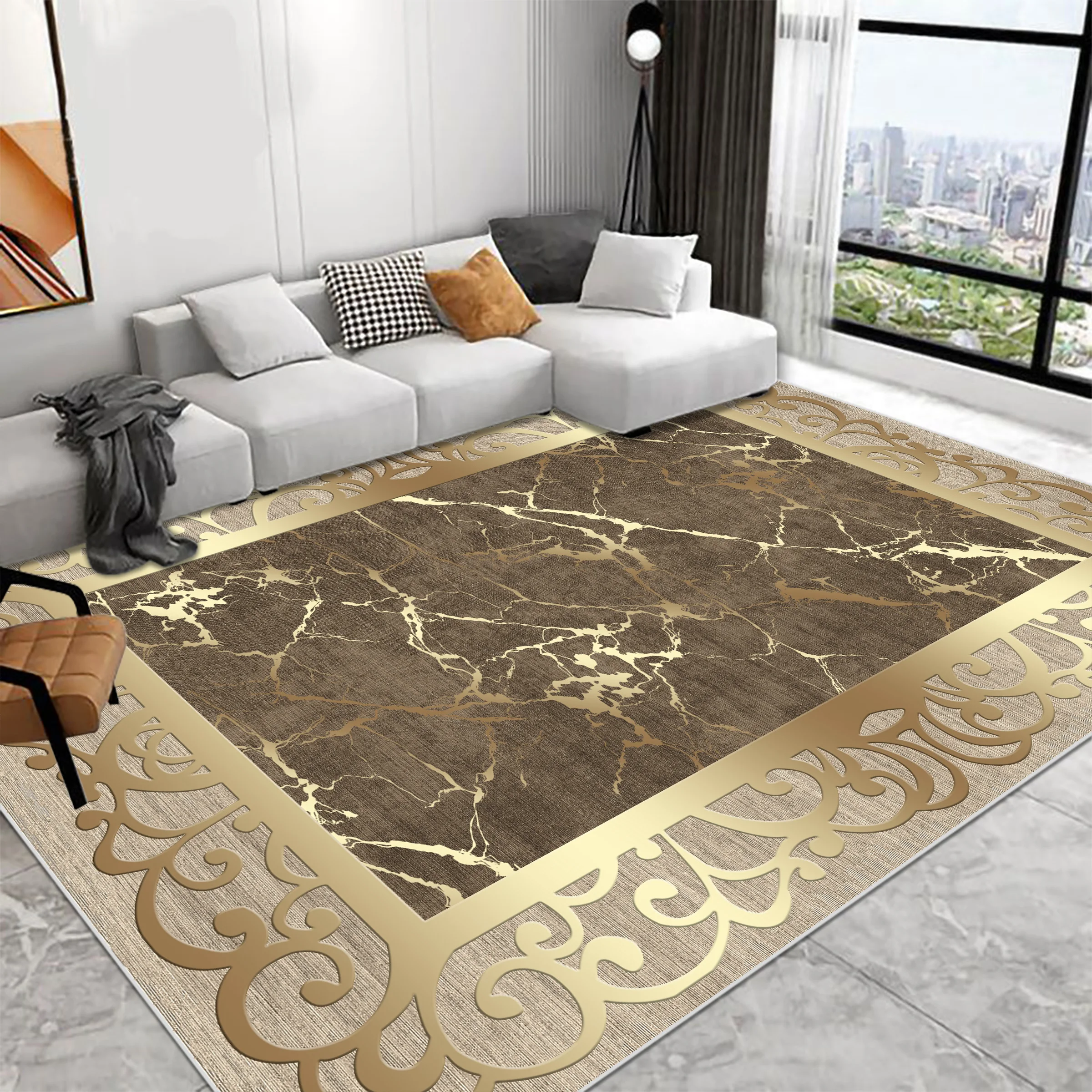 Luxury Decoration Home Carpets Marble Golden Living Room Carpet Hall Sofa Area Large Rug Soft Bedroom Bedside Floor Mat Washable