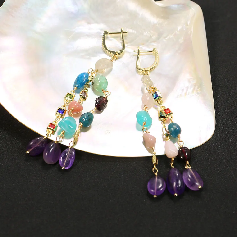 G-G Multi Color Gems Stone Amethyst Nugget Crystal Chain CZ Hook Earrings Holiday Wedding Jewelry Gifts