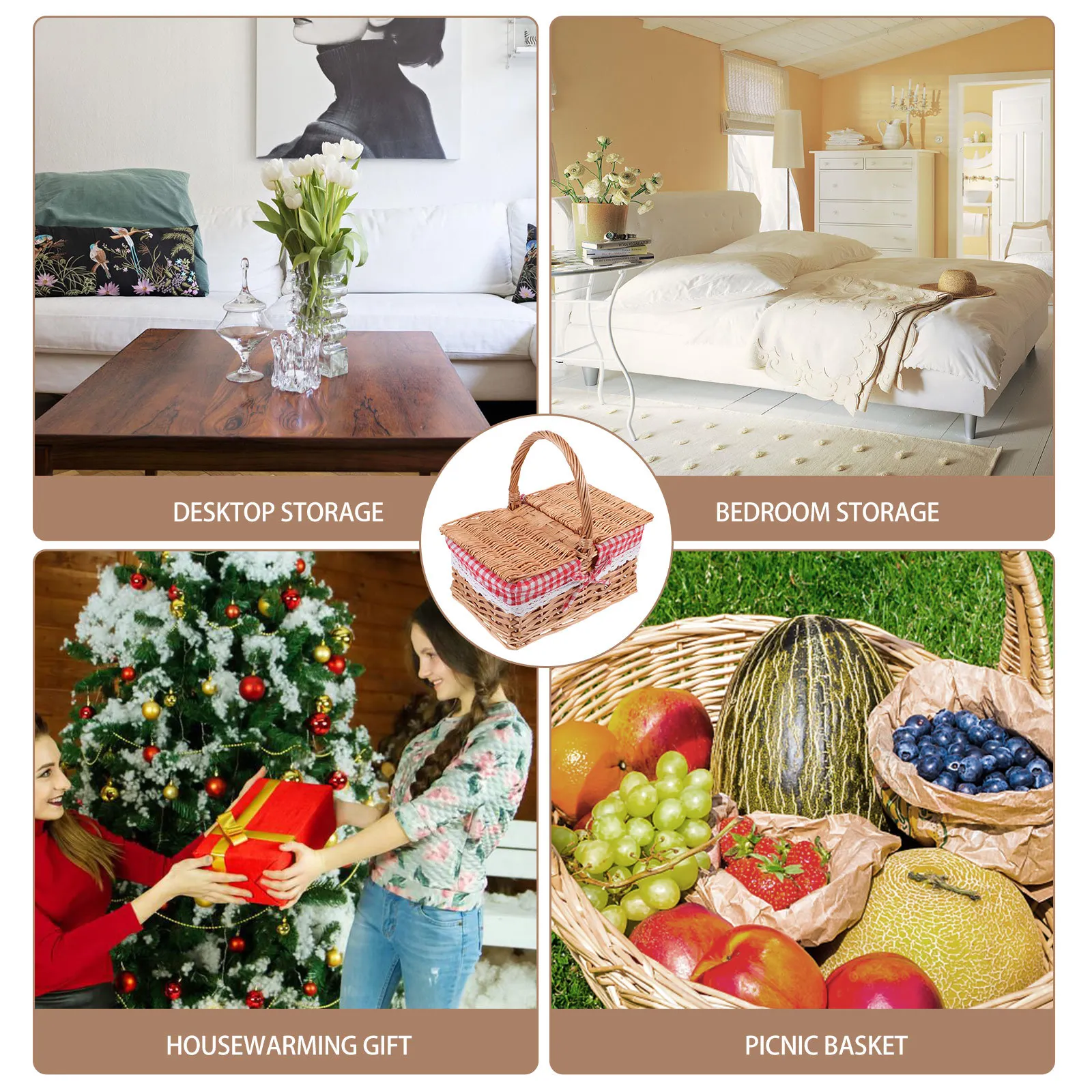 

1 pc Portable Picnic Basket With Lid Outdoor Wedding Decoration Woven Storage Organizer For Home Party Desktop Use