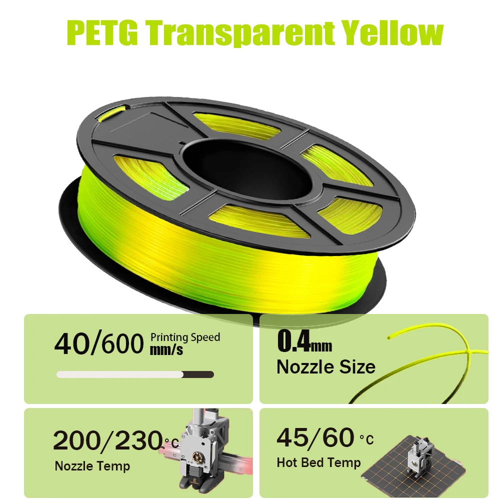 PETG 필라멘트 1.75mm 3D 프린터 필라멘트, 치수 정확도 +/- 0.02mm, (투명 노란색)