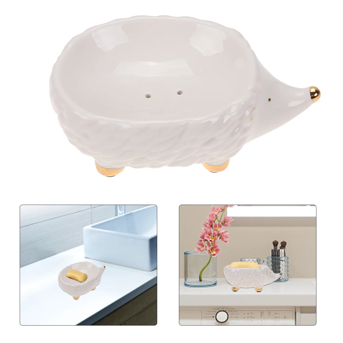 

Funny Hedgehog Ceramic Soap Holder White for Toilet Soap Storage Moisture Draining Design Easy Clean Home Bathroom Accessory
