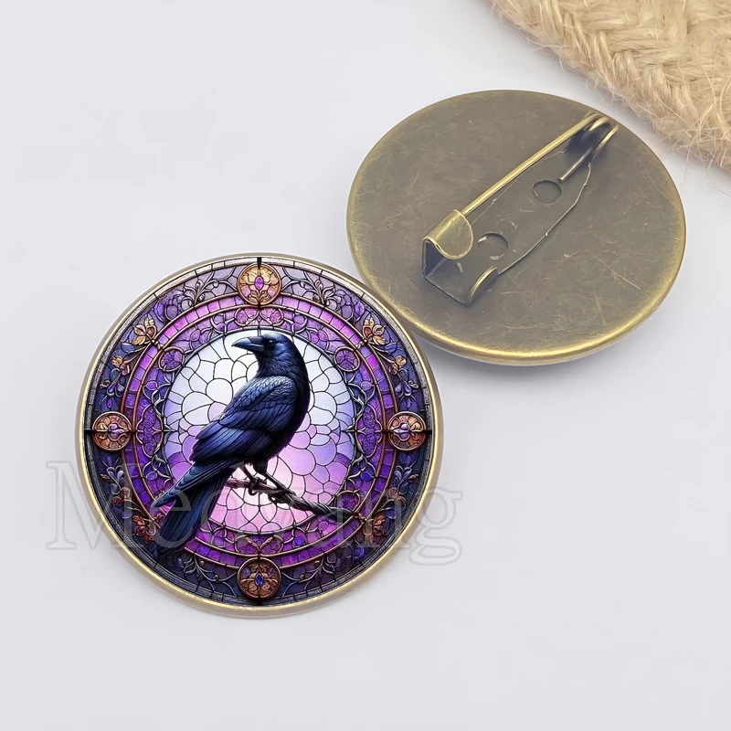 Black Crow Pattern Brooch Black Crow Photo Glass Dome Badge Pin Jewelry Clothes Backpack Accessory