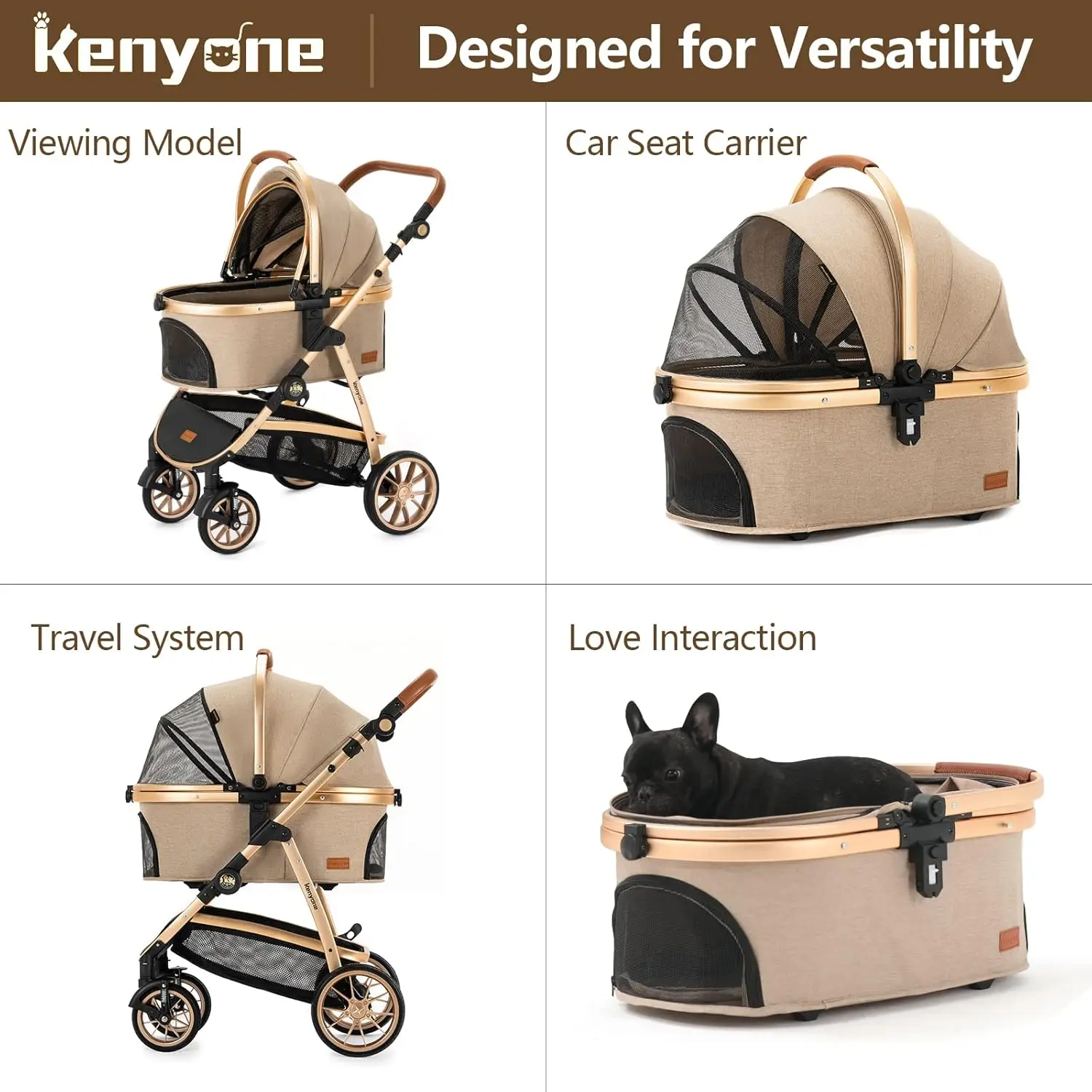 3-in-1 Pet Stroller for Medium and Small Dogs, Luxury, Detachable Carrier, Khaki, Suitable for Puppies, Kitties and Doggies