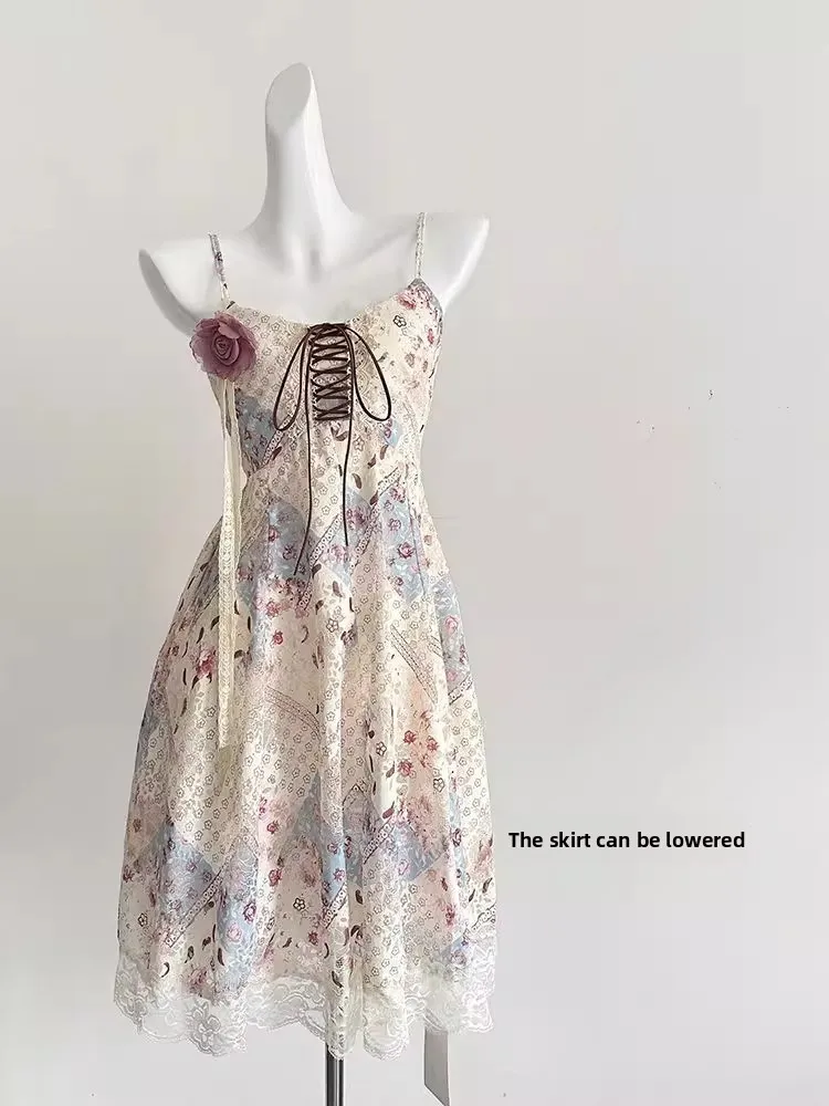 Impressão floral dr feminino verão 2025 novo sle renda emenda rosa gravata cinta dres ele saia linha a fibra de poliéster