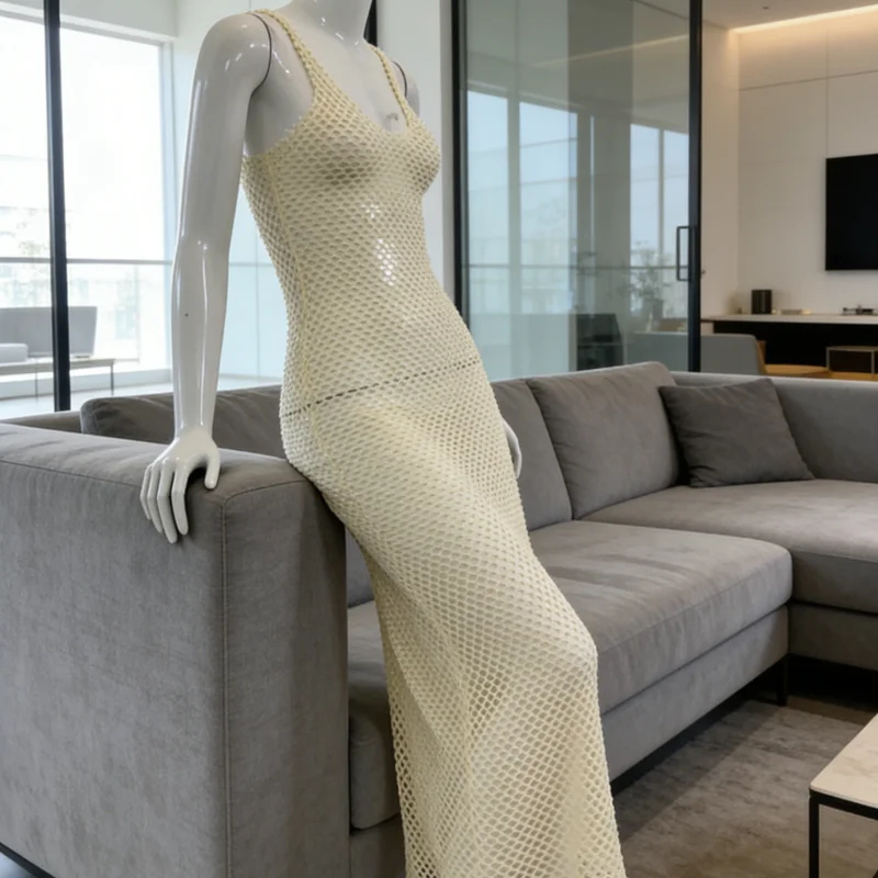 2026 europeu americano doce picante estilo feminino vestido de malha sheer magro oco para fora na moda festa casual outfit