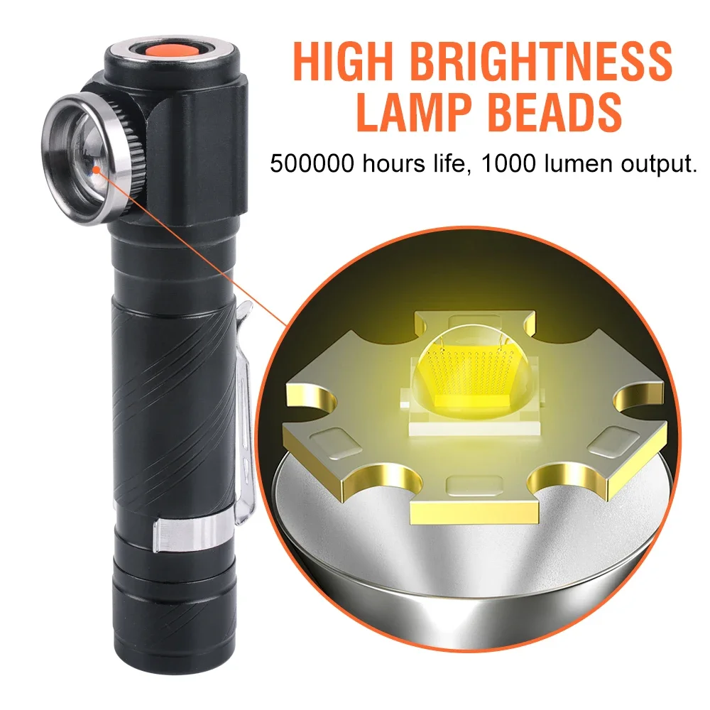 BORUiT 1190 Right Angle Zoomable LED Headlamp Super Bright 1000LM Rechargeable Headlight with Magnetic Camping Head Torch