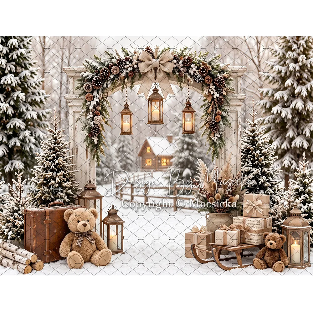 Mocsicka Backdrop Photography Christmas Snowy Arch Pine Wreath Toy Bear Sleigh Cabin Light Scene Background Kid Studio Photo
